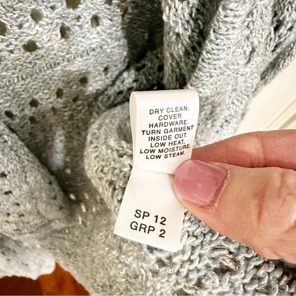 St John Designer Luxury Women’s Pale Blue Open Crochet Knit Waterfall Cardigan M